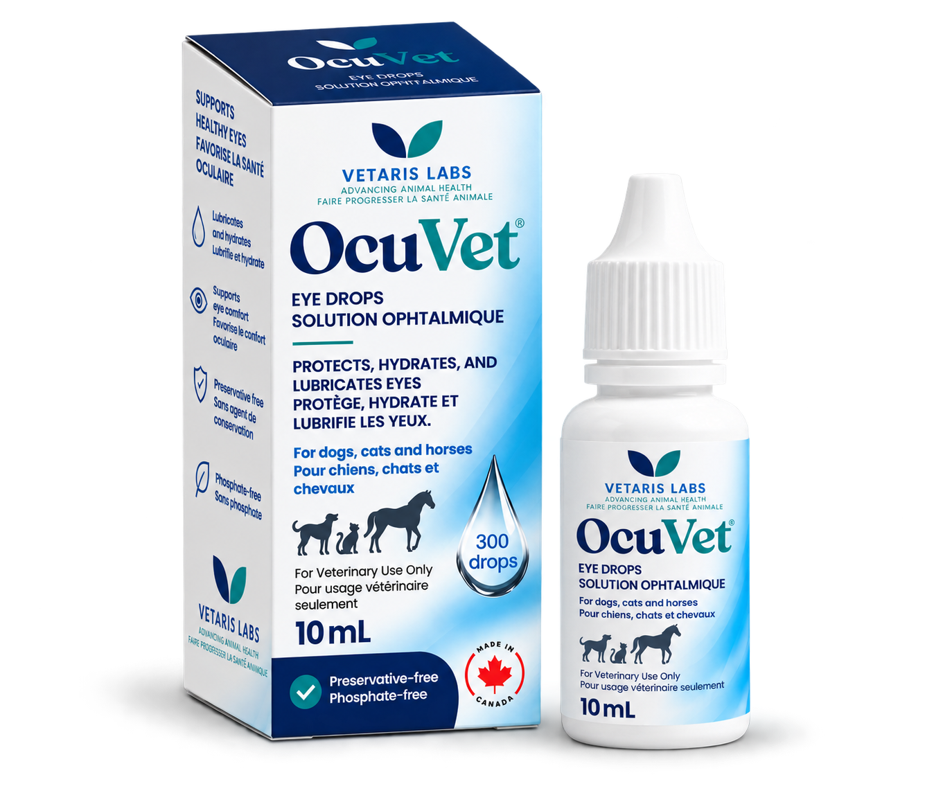 OcuVet preservative-free eye drops carton and 10 mL bottle, for dogs, cats and horses
